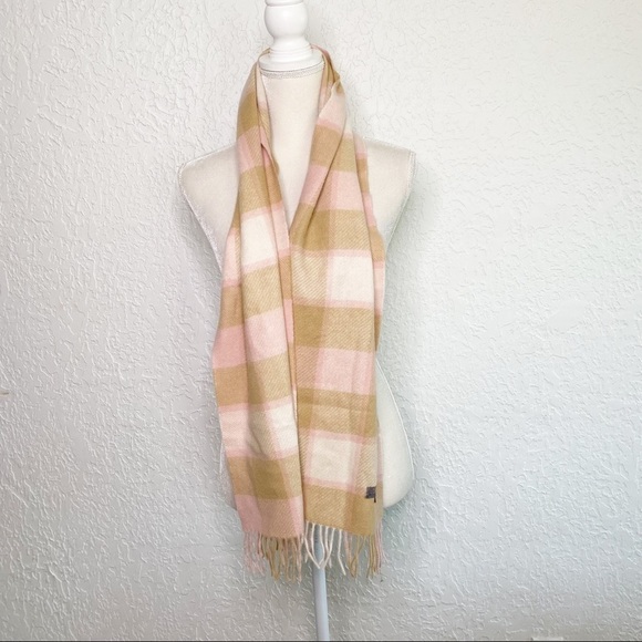 Louisa Perini 100% Cashmere fringe Plaid Scarf Pink & Beige - Picture 4 of 6